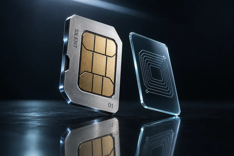 Illustrative titanium SilentSIMs chip beside a transparent eSIM concept, lit in cold blue.